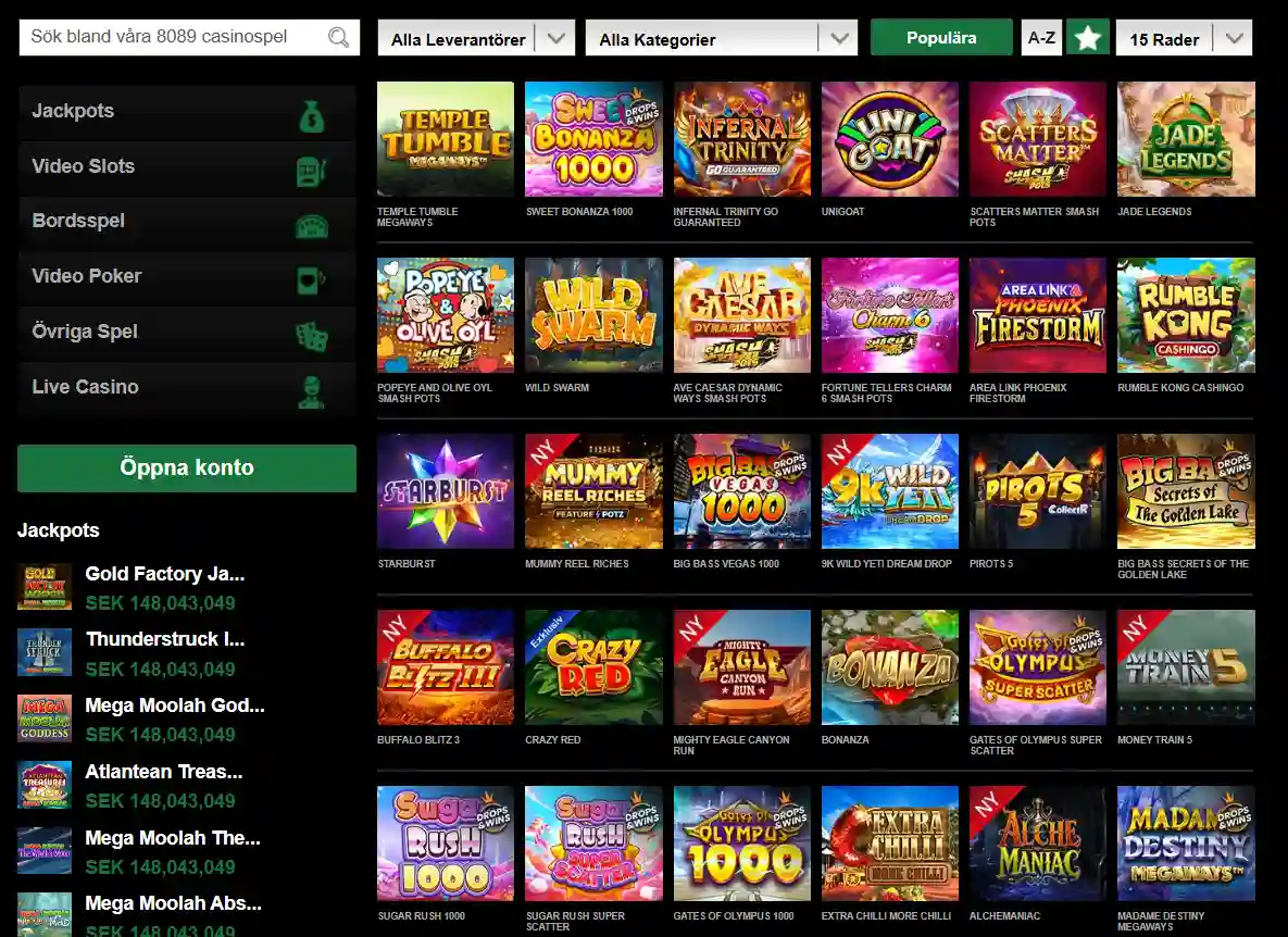 Mr Vegas danske spilfilter med kategorier og sorteringsmuligheder