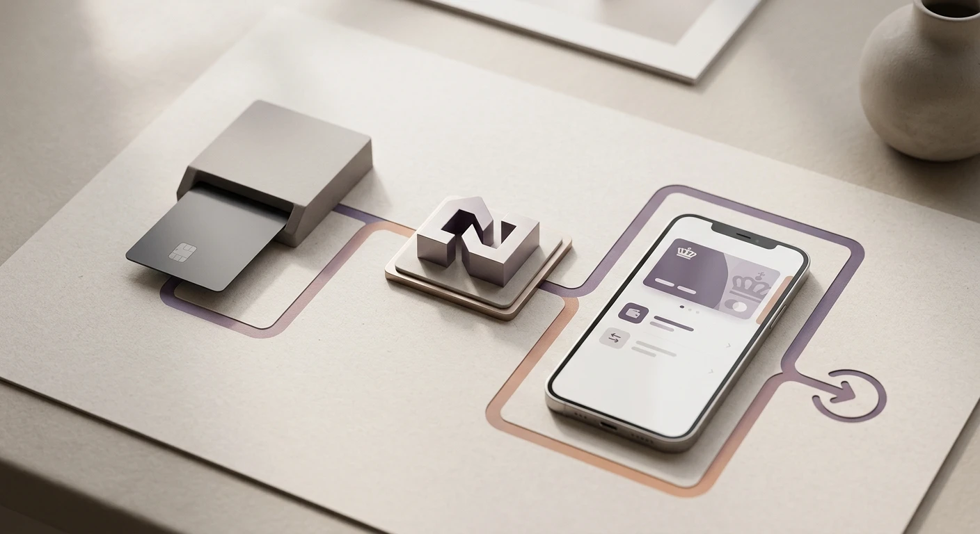 Neutral illustration af kort, bank og elektronisk tegnebog betalinger i danske kroner