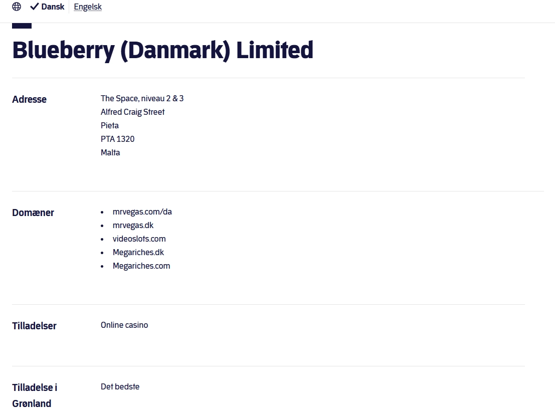 Spillemyndighedens registerpost for Blueberry Denmark Limited